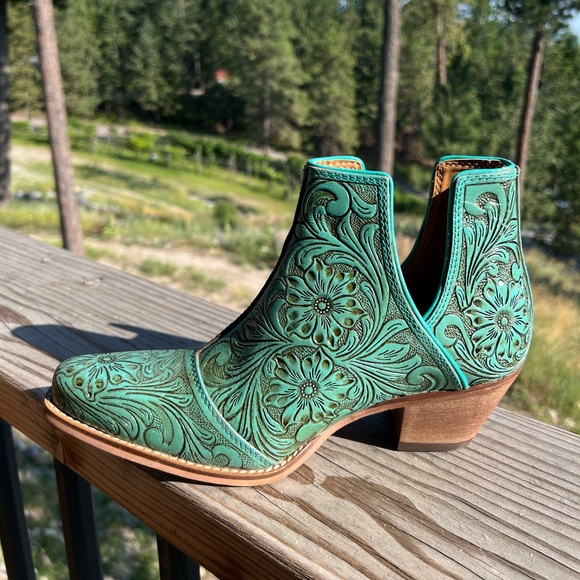 🔥Hand Tooled Genuine Leather Women Bootie Boot Boho Western Shoe Teal Turquoise - Picture 10 of 11